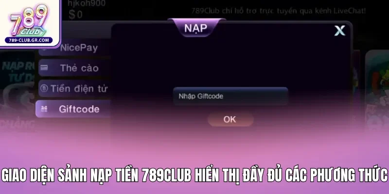 Giao diện nạp tiền 789club hiển thị đầy đủ các phương thức giao dịch trực tuyến